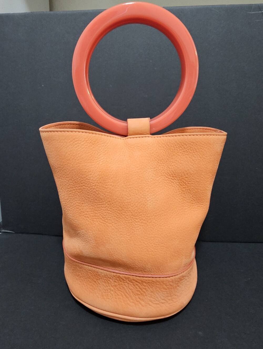 Simon Miller Bonsai Bucket Bag Orange Nubuck Leather Round Acrylic Ring Handle